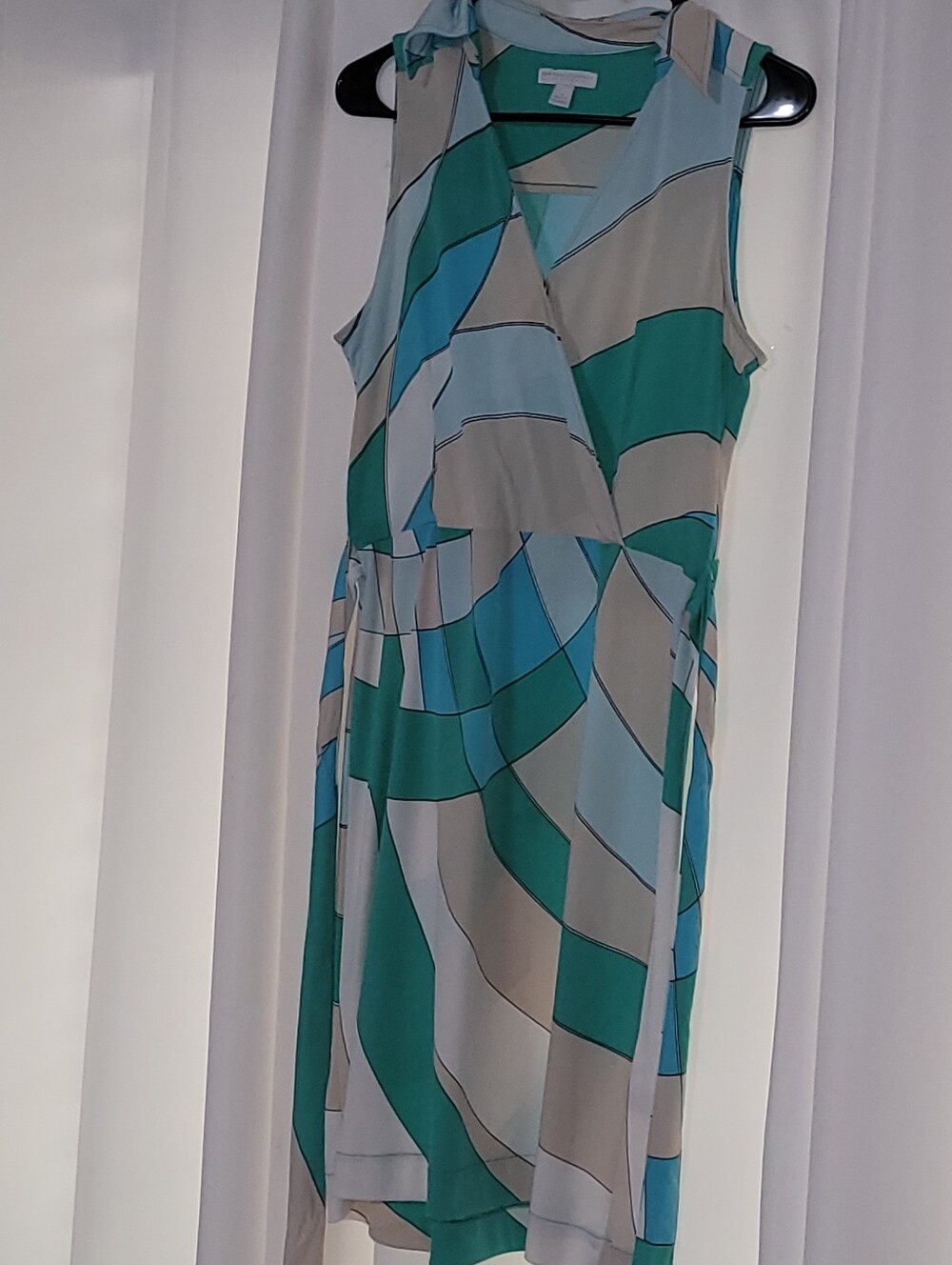 New York & Company Sleeveless Teal, Light Blue & Beige Geometric Midi Dress